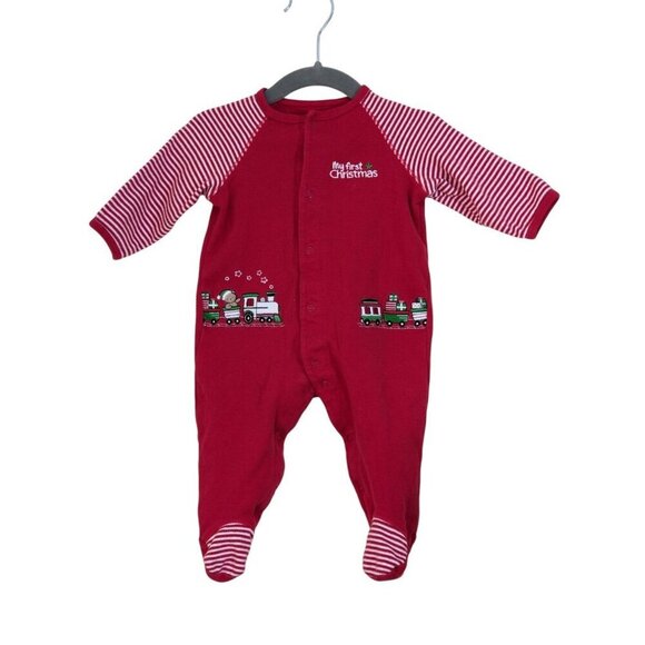 My First Christmas One Piece Baby 6 Months Red Green Striped Embroidered Train - Picture 1 of 6